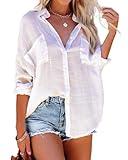 Bsubseach Button Down Swim Cover Up Shirt Sexy Long Sleeve Beach Blouse Bathing Suit Cover Ups for Women White