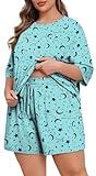 Lastshe Pajamas Set Women's Plus Size 2 Piece Soft Short Sleeve with Pockets Shorts Sleepwear Knit Pjs Loungewear Sweatsuits,Blue Star Moon,4X