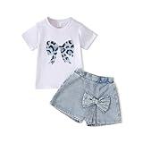 Azmxynol kid Young Girl Clothes Outfits Cute Sweet Bowknot Print T-Shirt + Bowknot 2 In 1 Denim Short Summer Clothing Set(6-7T)