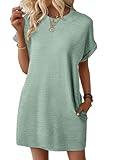 EVALESS Womens Summer Dresses 2025 Fashion Short Sleeve Cute Spring Mini Dress Crewneck Solid Casual Beach Vacation Clothes Tshirt Dresses with Pockets Grass Green Medium