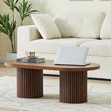 RUSTYER Oval Fluted Coffee Table, Farmhouse Wood Coffee Table Mid Century Modern Center Table Boho Living Room Tables for Living Room Office (Walnut, 19.69" D x 39.38" W x 13.78" H)