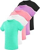 Star Vibe 5 Pack Girl's Shirts Athletic Short Sleeve Dry-Fit T-Shirts Crew Neck Active Sports Tops for Kids Teen 5-14 Years Black/Purple/Pink/White/Green XL