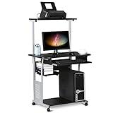 Yaheetech 2 Tier Mobile Computer Desk with Printer Shelf & Keyboard Tray Rolling Computer Table for Small Spaces, Compact Study Workstation with Wheels, Space Saving, Black