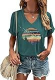 Women's Adventure Nature V Neck Shirt Funny Retro Pine Trees Sunnset Graphic Short Sleeve Tee Nature Lover Summer Tops Funny Camping Forest Shirt Outdoor Shirt(S,Green-d)