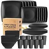 Teivio 40-piece Wheat Straw Square Dinnerware Set for 10, Unbreakable Dinner Plates, Salad Plates, Snack Bowls, Tumblers 13.5 oz, Dishwasher Safe, Black