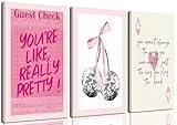 Pink Preppy Wall Art Framed Set of 3 Trendy Coquette Disco Cherry Posters Retro Guest Check Canvas Prints Poker Painting Positive Quote Pictures Room Decor Aesthetic for Girls Bedroom Dorm 12x16in