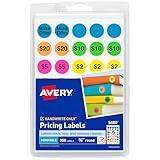 Avery Preprinted Removable Pricing Labels, 3/4 Inch Round Labels, Assorted Neon Colors, Non-Printable, 350 Pricing Stickers Total (5480)