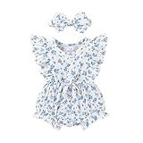 Happy Town Newborn Baby Girl Summer Clothes Infant Linen Romper Ruffle Sleeve Baby Girl Jumpsuit Outfits (Blue Floral, 12-18 Months)