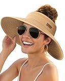 FURTALK Sun Visor Hats for Women Wide Brim Straw Ponytail Summer Beach Hat UV UPF Packable Foldable Travel Khaki