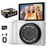 4K Digital Camera for Photography Autofocus, 2025 Latest 64MP Vlogging Camera for YouTube with 128G TF Card, 180°Flip Screen Compact Travel Camera for Teens with 16X Zoom, Anti-Shake, White