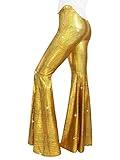 Womens Sequin Flare Pant Sparkly High Waisted Leg Bell Bottom Glitter Trousers Night Out Clubwear-Medium