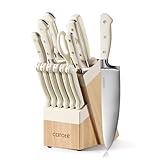 CAROTE 14 Pieces Knife Set with Block, Forged, High Carbon Stainless Steel Sharp Blade Block Knife Set, Dishwasher Safe Cutlery, Cream