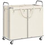HOOBRO Laundry Basket with Wheels, 2-Section Rolling Laundry Hamper, Laundry Cart with Removable Liner, Steel Frame with Handle, 31.5 x 15.7 x 31.5 Inches, Beige and Silver SW08XY01
