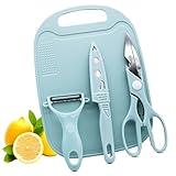 Magicorange Travel Cutting Board Set, 4 Pcs Portable Mini Camping Plastic Cutting Board Set & Stainless Steel Knife with Sheath, Fruits & Vegetable Peeler Scissors (Blue)