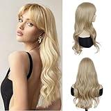 GNIMEGIL 24 Inch Long Blonde Wig With Bangs 24 Inch Long Wavy Wig For Women Bouncy And Shiny Synthetic Blonde Hair Wigs Natural Look Daily Cosplay Party Halloween