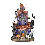 Valery Madelyn Haunted House Figurine with Bat Ghost Pumpkin for Halloween Decorations, Large Pre-Lit Lighted Resin Village Statue with LED Light for Indoor or Outdoor Party Table Decor, 12 inch