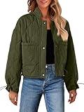 MEROKEETY Women's Trendy Zipper Button Winter Jacket Quilted Long Sleeve Warm Short Down Outwear, Olive, S