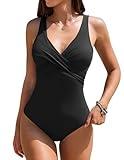 AI'MAGE Women's One Piece Swimsuit Slimming Tummy Control Bathing Suit Sexy V Neck Push Up Swimwear 2025 Black
