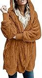 LONGYUAN Womens Fleece Jackets Loungewear Cardigans Fuzzy Fleece Teddy Coat Elastic Open Front Hooded Sweater with Pockets Caramel Medium