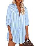 HOTOUCH Stripe Long Shirts for Women Button Up Shirt Dress Classic Botton Down Shirts Boyfriend Pajama Shirts (Blue Striped M)