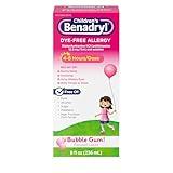 Benadryl Children's Dye-Free Allergy Relief Liquid + 12.5 mg Diphenhydramine HCl, Antihistamine Allergy Medicine for Kids Helps Relieve Runny Nose & Sneezing, Bubble Gum Flavor, 8 fl. oz