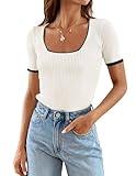 ZESICA Women's Short Sleeve Square Neck Color Block T Shirt 2025 Summer Slim Fit Ribbed Knit Basic Tee Tops,White,Small