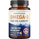 Triple Strength Omega 3 Fish Oil | 3600 mg EPA & DHA | Over 2100mg of Omega 3 Fatty Acids | 1300mg EPA + 860mg DHA | Best Essential Fatty Acids | Premium Burpless Softgel Supplements (120 Ct)
