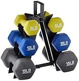 Amazon Basics Neoprene Dumbbell Hand Weights, Rack with 3 Pairs (5, 10, and 15 Pounds), Green/Blue/Grey
