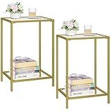 HOMSHO Side Tables Set of 2, End Tables with Tempered Glass, 2-Tier Nightstands with Storage Shelves, Coffee Table with Modern Style, Slim Sofa Table for Living Room, Bedroom, 11.8" D x 15" W, Golden