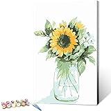 Ginkko Paint by Numbers Kit for Adults Beginner & Kids Ages 8-12 with Wooden Frame Easy Acrylic on Canvas 9x12 inch with Paints and Brushes, Vase Sunflower(Include Framed)