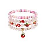 Briutn Strawberry Charm Bracelet Set Pink Heishi Beaded Bracelets Summer Stack Jewelry