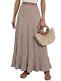 ANRABESS Womens Maxi Skirt Elastic High Waist Swing Tiered A-line Flowy Pleated Boho Beach Vacation Long Skirts Tan Brown Small