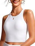 CRZ YOGA Womens Racerback Bikini Tops Quick Dry High Neck Modest Swimsuit Padded Sports Bathing Suit White Large