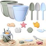 Hungdao 13 Pcs Silicone Beach Toys Travel Beach Set Sand Toys Including 3 Silicone Buckets 3 Shovels 6 Sea Creature Sand Molds 1 Bag for Kids Boys Girls Summer Pool Outdoor Bath(Green Gray Blue)