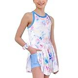 MODAFANS Girls Tennis Golf Dress Sleeveless Athletic Pleated Outfits Sets Built in Shorts with Pockets White Tie-dye,4-5Years