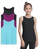 Auranso Girls Tank Tops Athletic Sleeveless Racerback Quick Dry Dance Shirts Black/Fuchsia/Light Blue 9-10 Years