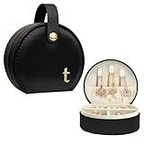 COLLECTIVE HOME - Travel Jewelry Case, Elegant Half-Moon Design with Gold Monogram, Detachable Handle, Personalized Accessory Organizer, Gift for Fashion-Forward Women and Teens, Black (t)