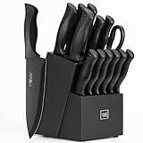 Knife Set, HUNTER.DUAL 15 Pcs Kitchen Knife Set with Block Self Sharpening, Dishwasher Safe, Anti-slip Handle, Black