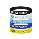 5 Pack-Bee Allergy Bracelet Medical Alert ID Jewelry Food Allergy Bracelet,100% Silicone Rubber Safety ID Outdoor Sport Health Warning Bracelet Band,7.48",Style 2