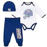 Gerber NFL New York Giants 3 Pack Bodysuit Footed Pant and Cap Registry Gift Set, Blue/White New York Giants, 0-3M