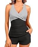 Women Black Stripe Tankini Swimsuits with Shorts - Two Piece Tummy Control Bathing Suits Top with Two Pockets Bottom Swimwear L