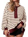 PRETTYGARDEN Womens Fall 2025 Striped Oversized Sweatshirt Long Sleeve Button Up Henley Neck Waffle Knit Pullover Tunic Tops(Striped Beige Red,Large)