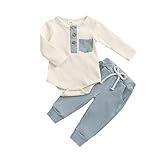 fhutpw Baby Boy Clothes 3 6 12 18 Months Ribbed Knitted Long Sleeve Romper and Pants Sets Newborn Fall Splicing Color Outfits (White&Blue, 0-3 Months)