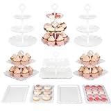 Pack of 10 NWK Cake Stand Set with 3 x Two-Tier and 3 x Three-Tier Cupcake Stands, 4 x Appetizer Trays, for Birthday Baby Bridal Shower Party (White)