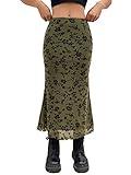 Verdusa Women's High Waisted Mesh Skirt Y2k Outfits Fishtail Bodycon Long Skirts Goth Clothes Army Green Floral Large