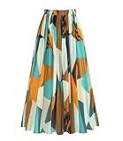 Kingfancy Women's Pleated Skirt Chiffon Elastic Waist A-Line Midi Length Skirt Geometric L