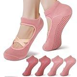 EgoNova Pilates Socks with Grips for Women – Non-Slip Grip Socks for Pilates, Yoga, Barre & Dance (US, Numeric, 4, 10, Regular, Short, 4, Pink and Red)