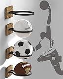 4 Pcs Wall Mount Basketball Holder with Wooden Base, Ball Storage Holders Display Rack for Autograph Basketball, Football, Soccer, Volleyball Collection, Sports Accessories Organizer for Player Fans