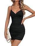 Women's Spaghetti Strap V Neck Bodycon Ruched Going Out Mini Dress Clubbing Nightout Dresses for Club Party Date Night Large 3939 Black L