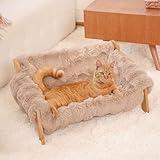 CHEERHOME PETS Elevated Cat Couch Bed for Indoor Cats, Wooden Cat Sofa with Removable Washable Fluffy Cover Raised Kitty Lounge Chair Suitable for Puppy(Cat Sofa Khaki)